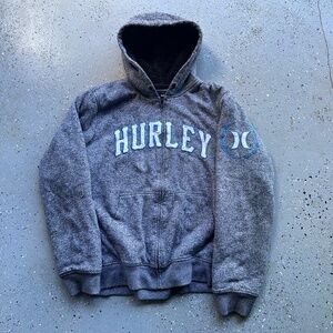 VTG Hurley Mens Small Grey Y2K Sherpa Lined Full Zip Hoodie Surf